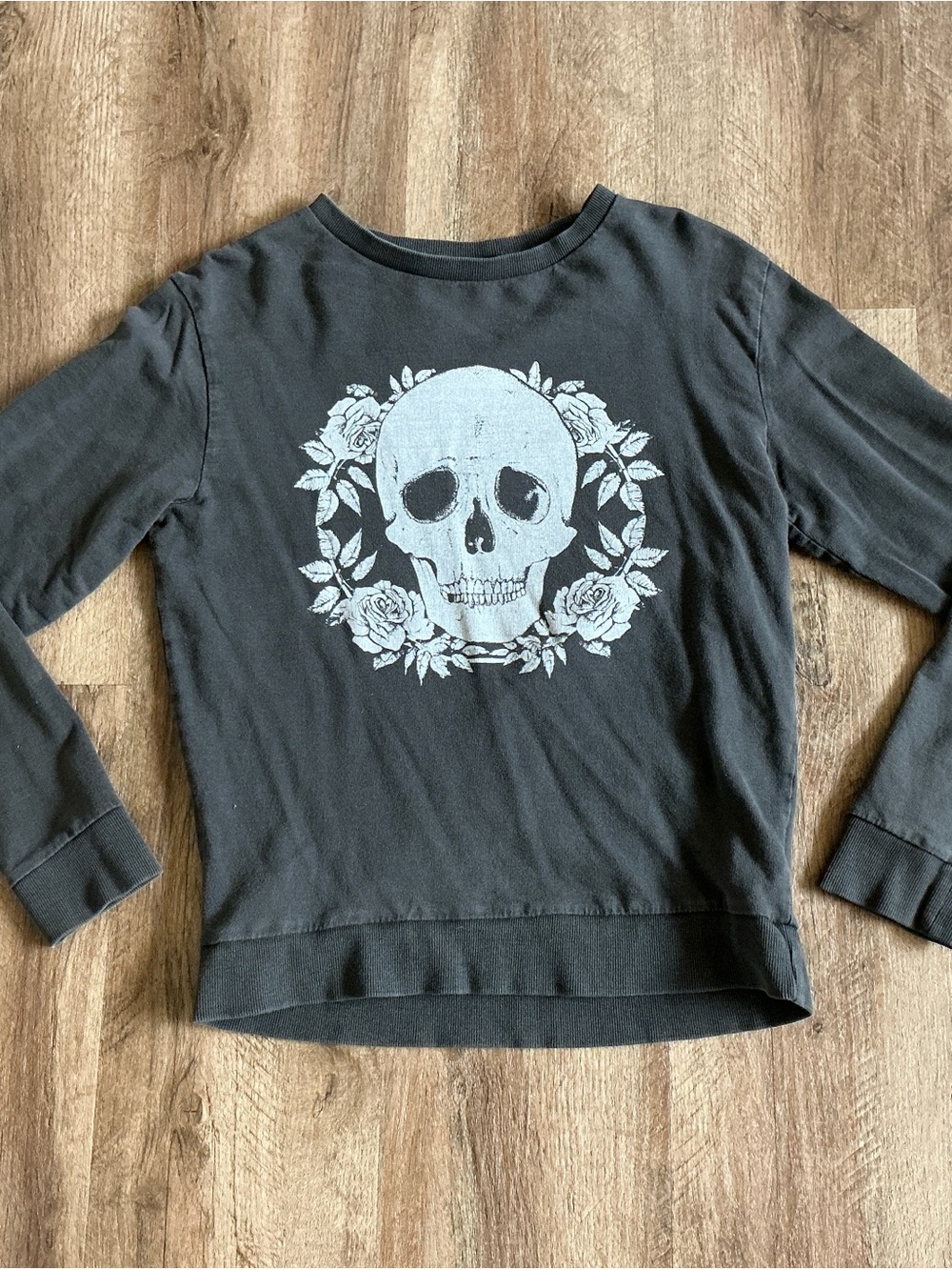 Divided H&M Shirt Women's Small Black White Skull Floral Long Sleeve Punk Rock